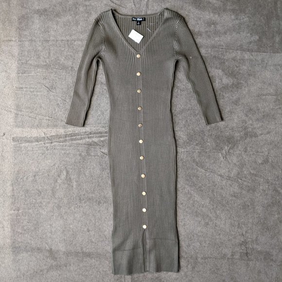 COPY - Olive Green Rib Knit Bodycon Button Down Dress Women's Size Small - Picture 3 of 8